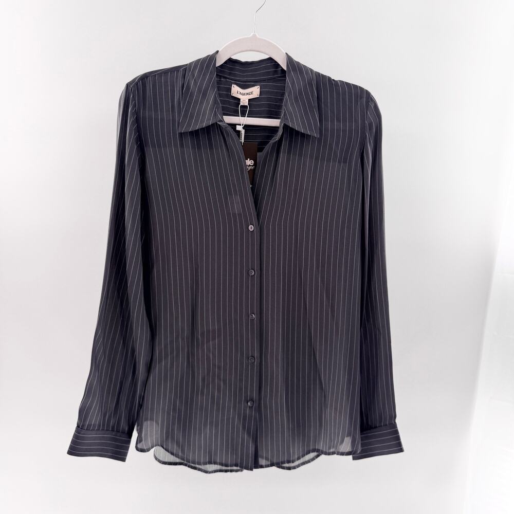 L'Agence Silk Striped Long Sleeve Collared Button-Up Shirt Black White Womens M